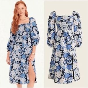 J. Crew Floral Smocked Bodice Midi Dress - Black and Blue